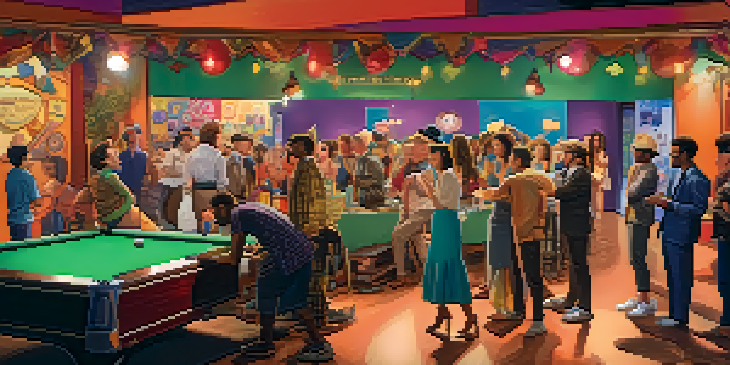 A colorful film set with actors in a comedic scene and crew members preparing in the background.