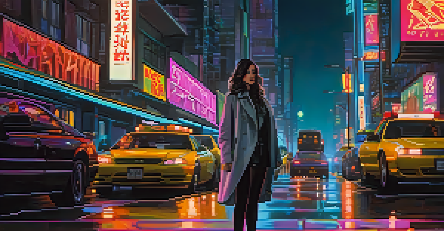A modern woman standing on a city street at night, surrounded by neon lights and modern buildings.