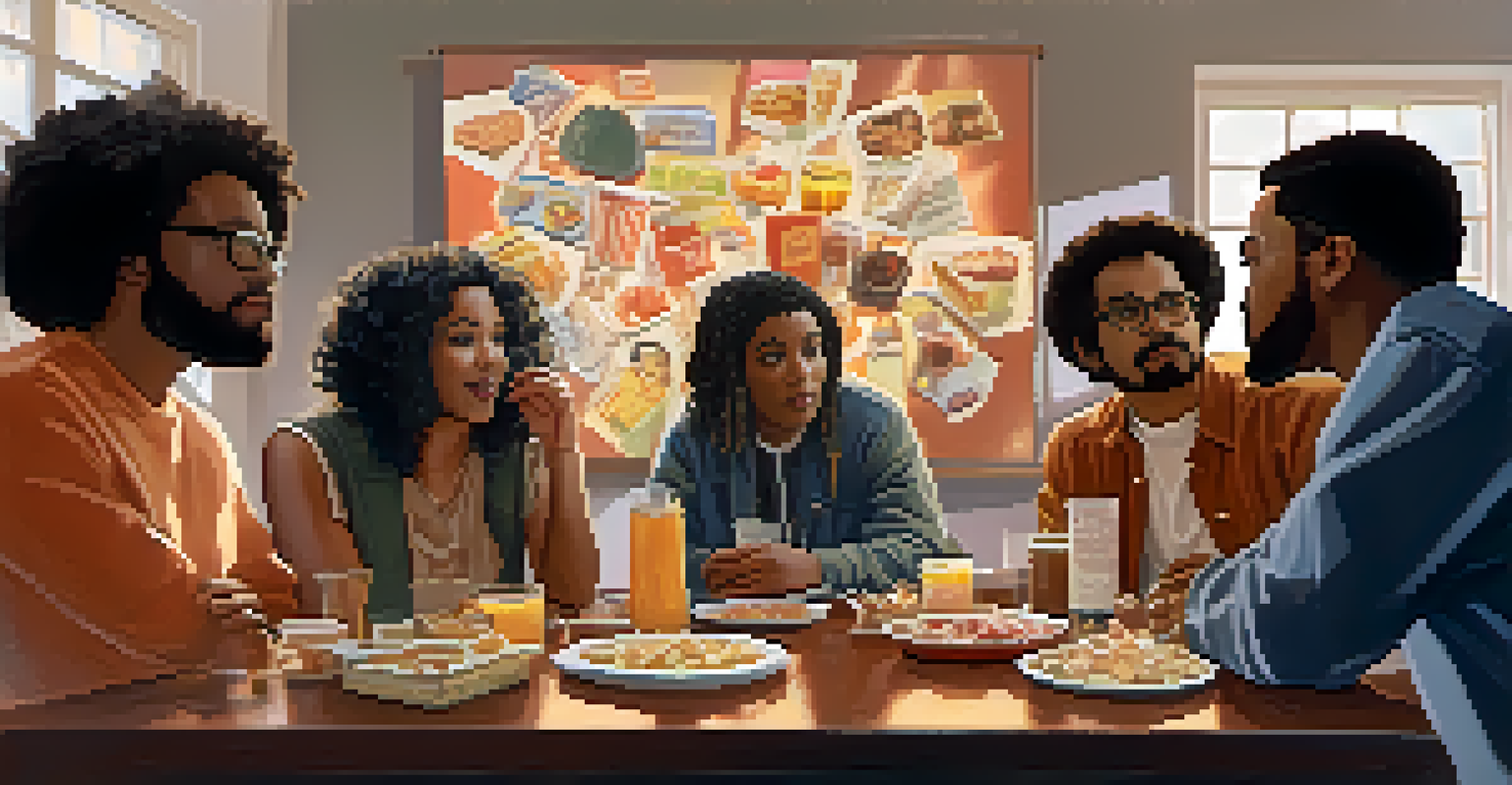 A diverse group of film critics discussing films at a table with snacks, with movie clips projected in the background.