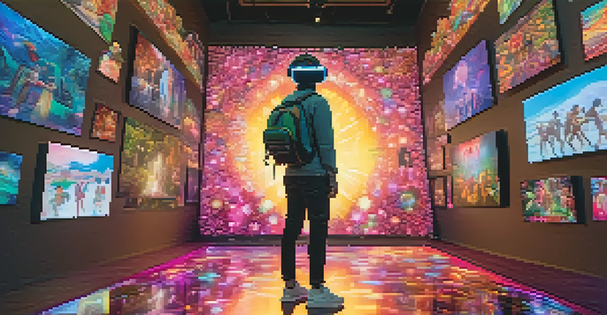 A person wearing a virtual reality headset, immersed in a colorful 3D environment filled with holographic images of characters.