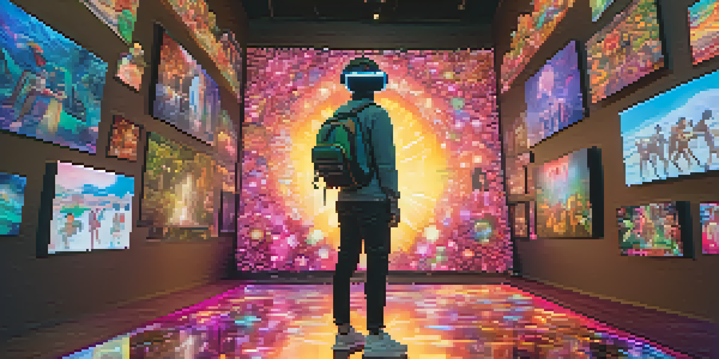 A person wearing a virtual reality headset, immersed in a colorful 3D environment filled with holographic images of characters.