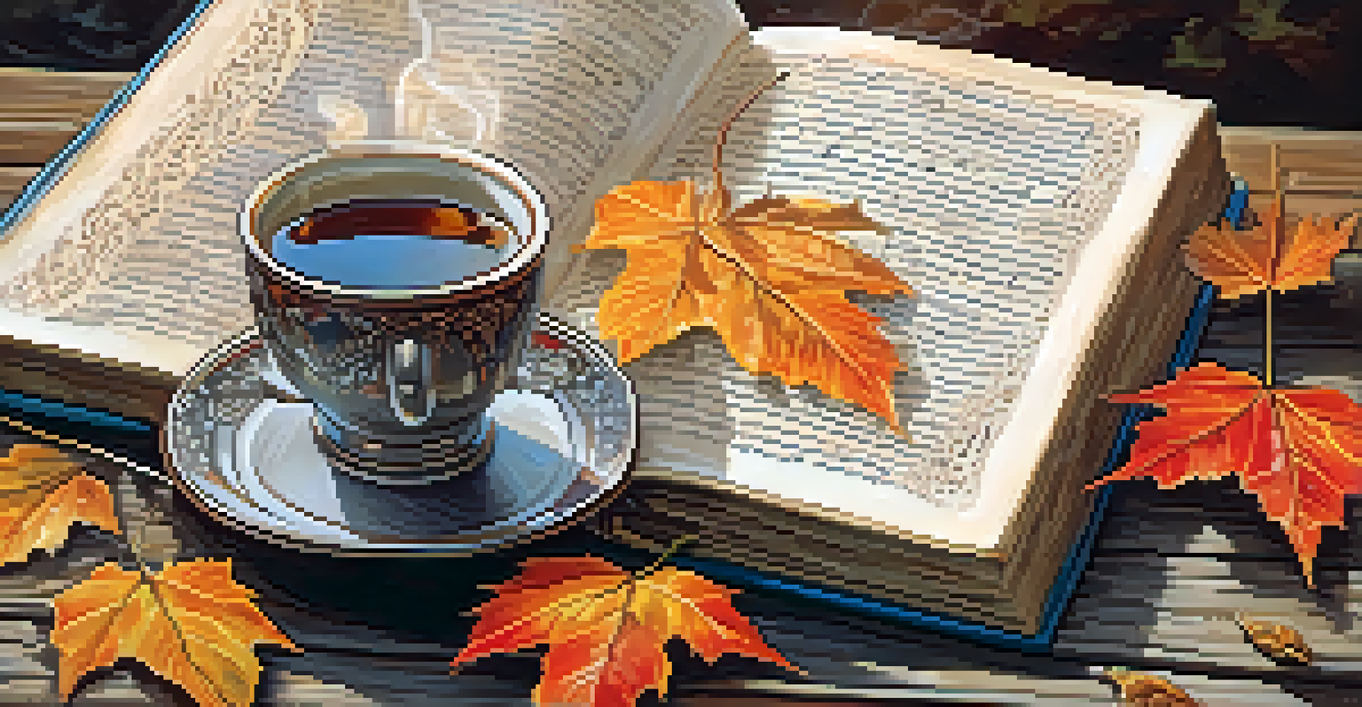 An open book with calligraphy on a wooden table, alongside a steaming cup of tea and autumn leaves.