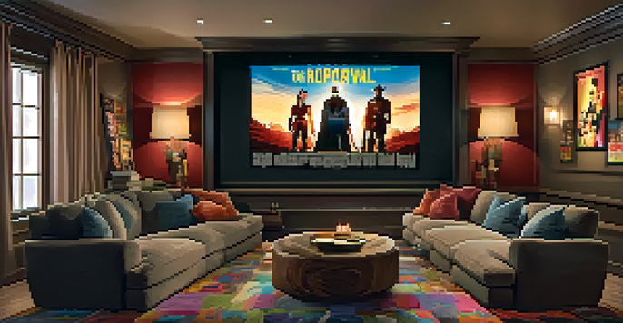 A cozy home theater with a large movie screen, plush seating, and warm ambient lighting, decorated with movie posters.