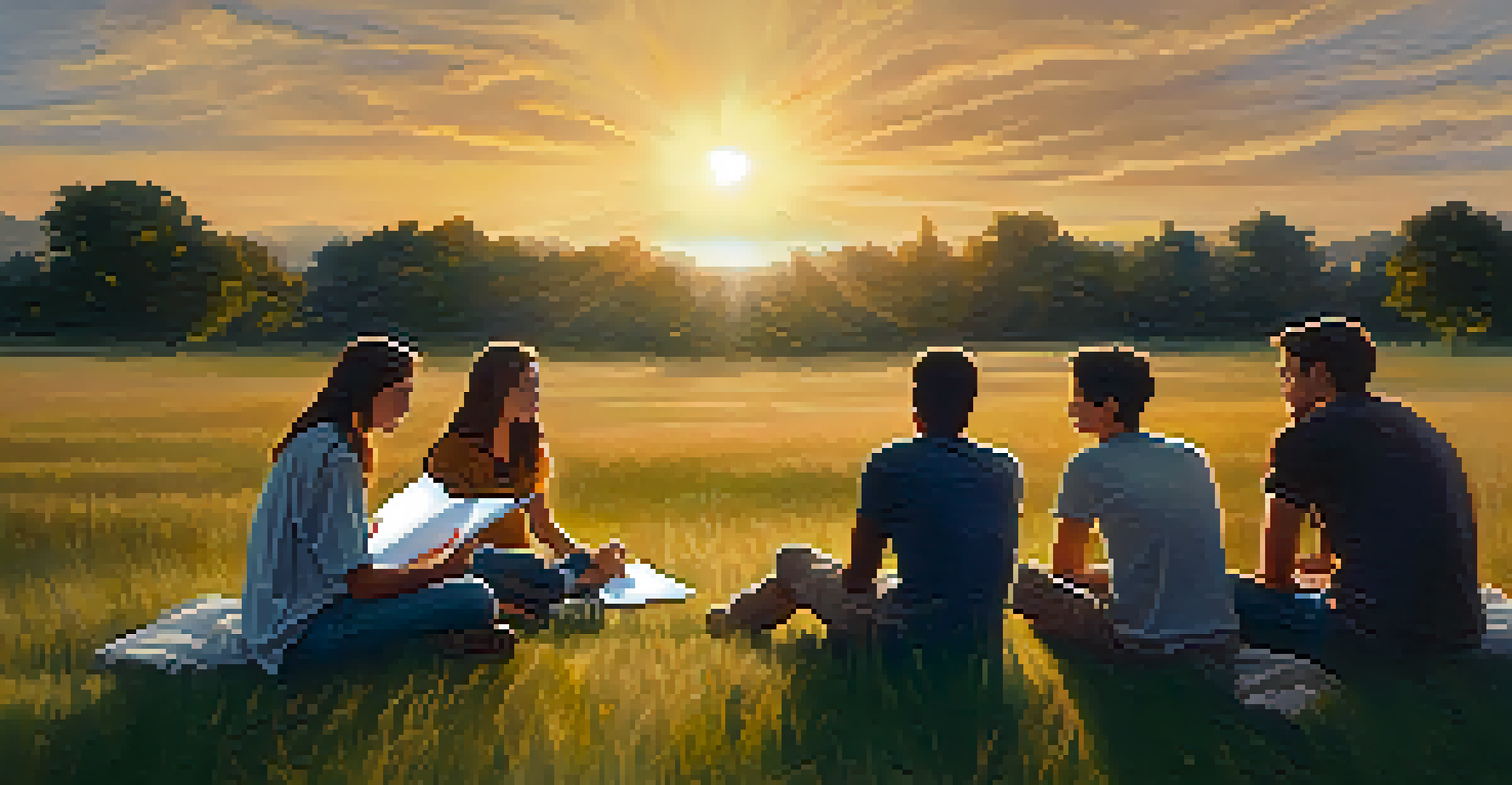 A group of young people in a circle on a grassy field, sharing experiences related to mental health, with a sunset in the background.