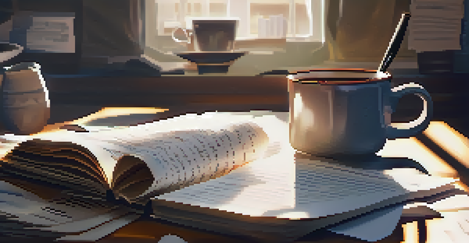 Close-up of a film script with notes and coffee cups on a director's desk in sunlight.