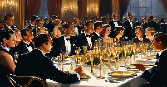 A historical Oscars ceremony scene from 1929 with elegantly dressed guests and a golden Oscar statuette on the table.
