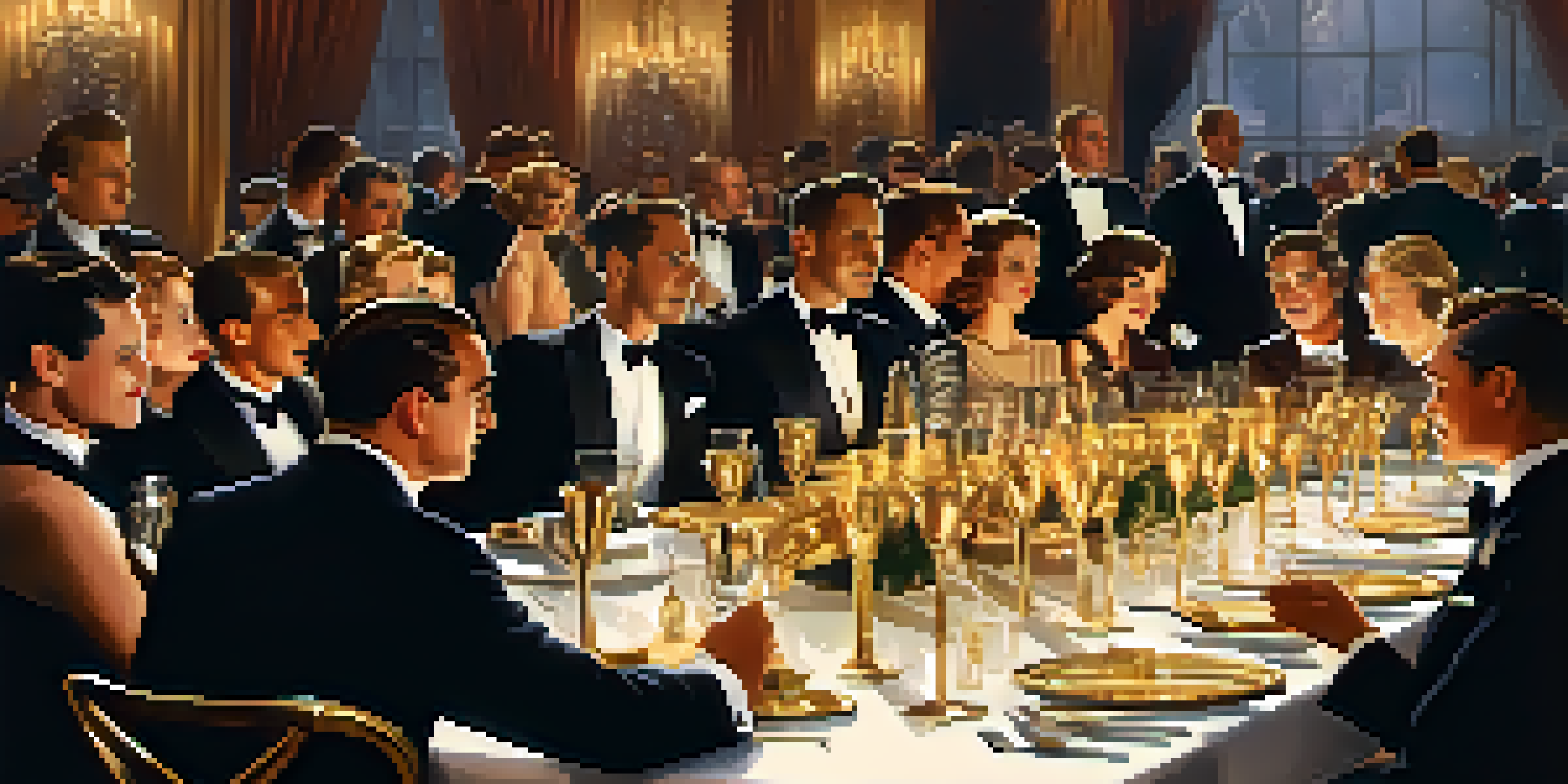 A historical Oscars ceremony scene from 1929 with elegantly dressed guests and a golden Oscar statuette on the table.