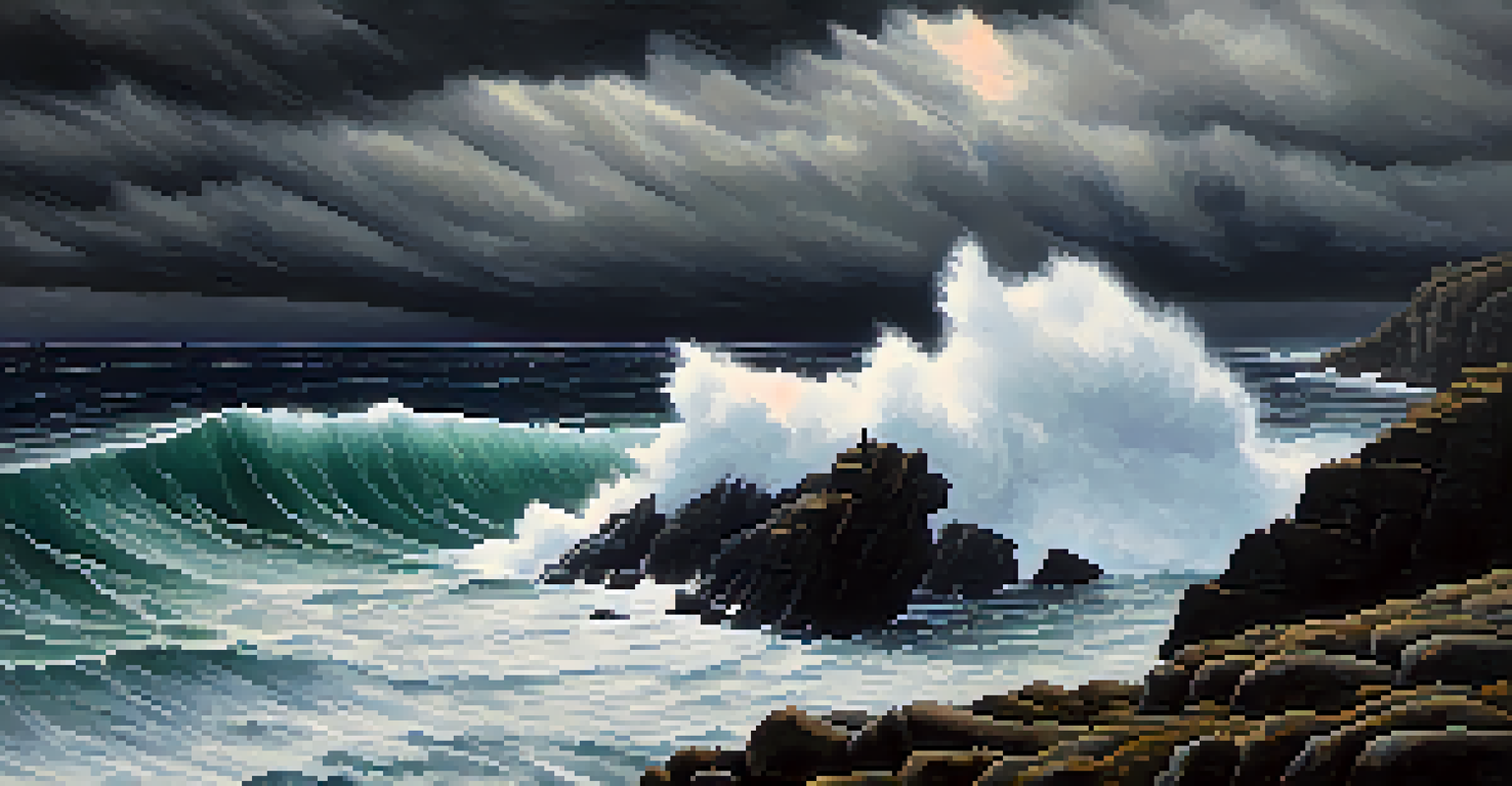 A lone figure standing on a cliff edge, gazing over a stormy ocean with dark clouds, capturing a moment of contemplation.