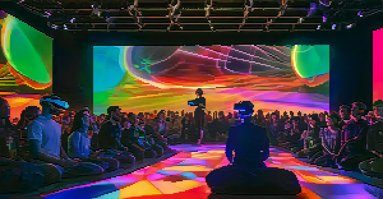 A high-tech performance art scene with a performer using virtual reality in a dark stage setting.