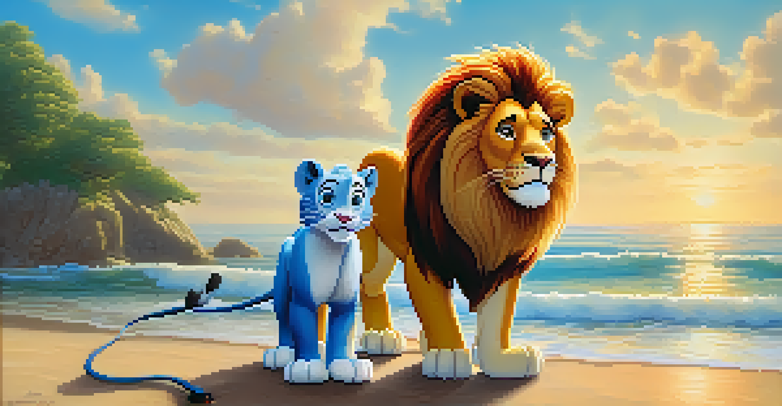 A young lion and a clownfish standing together on a sunny beach, looking at the ocean and smiling.