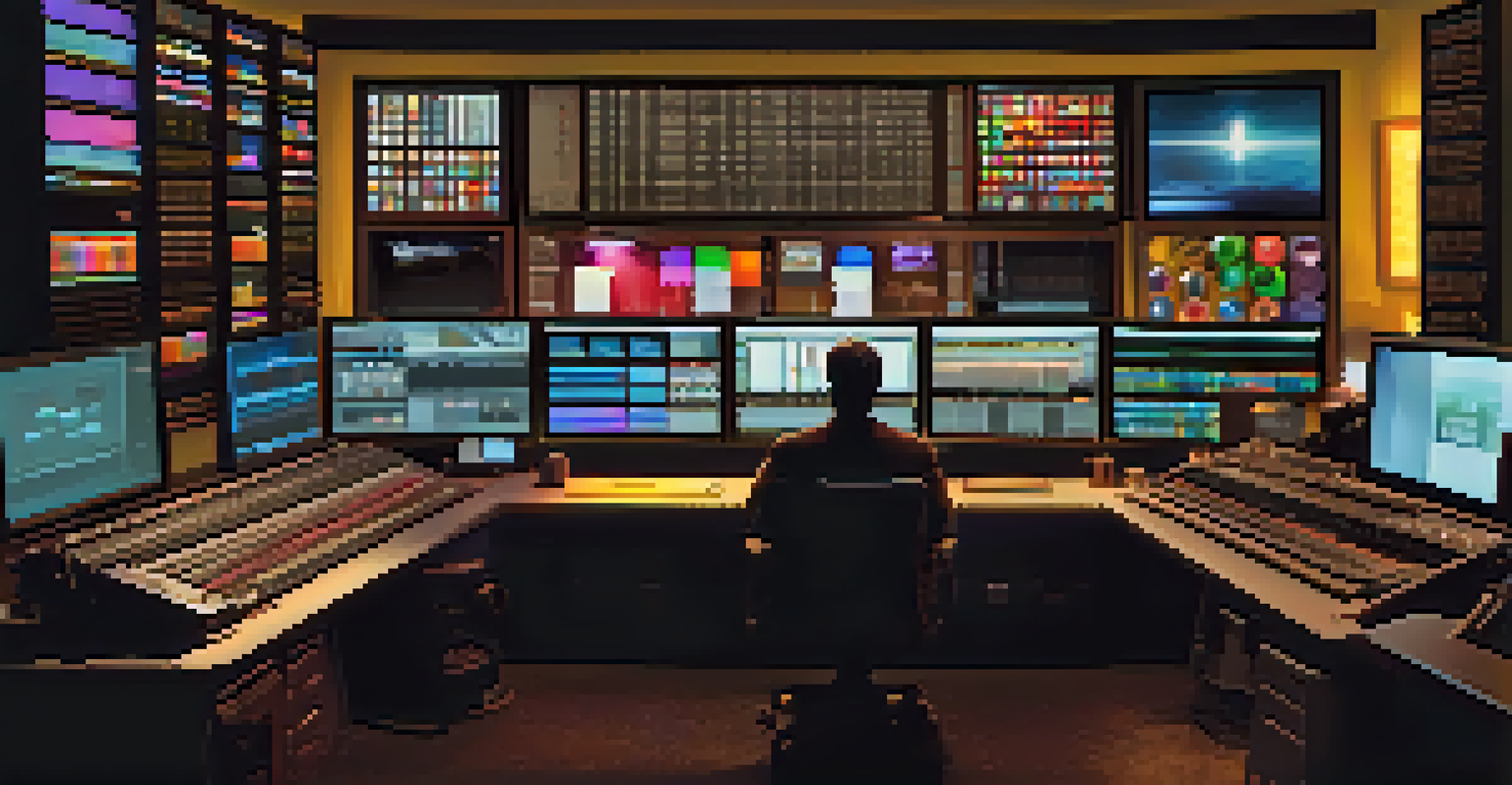 An editing room filled with screens and film reels, dimly lit with colorful lights, showcasing a director reviewing footage.