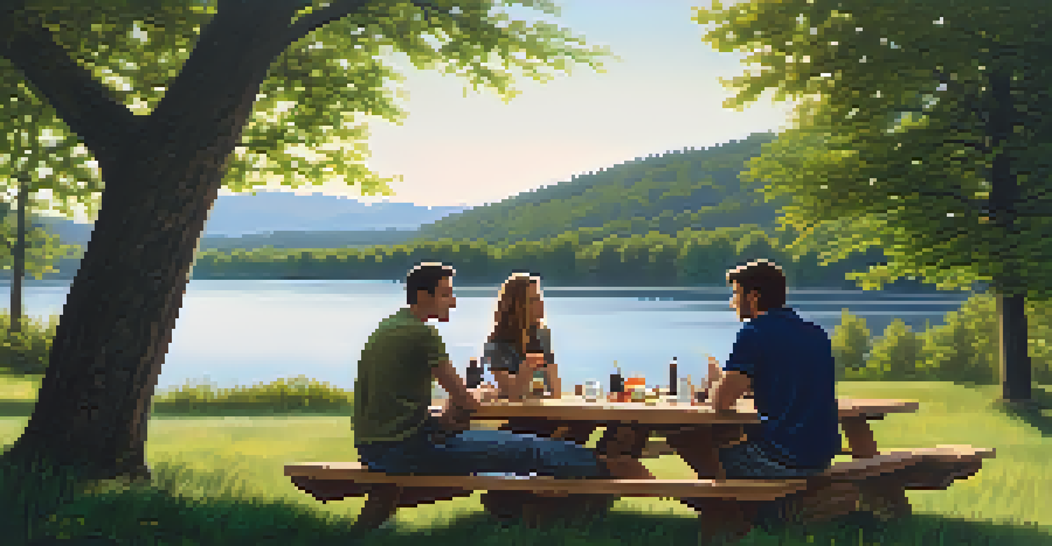 A group of aspiring filmmakers brainstorming around a picnic table in a natural outdoor setting with trees and a lake in the background.