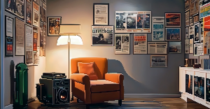 A cozy room with vintage film posters, a plush armchair, and an old film projector casting light, creating a nostalgic atmosphere.