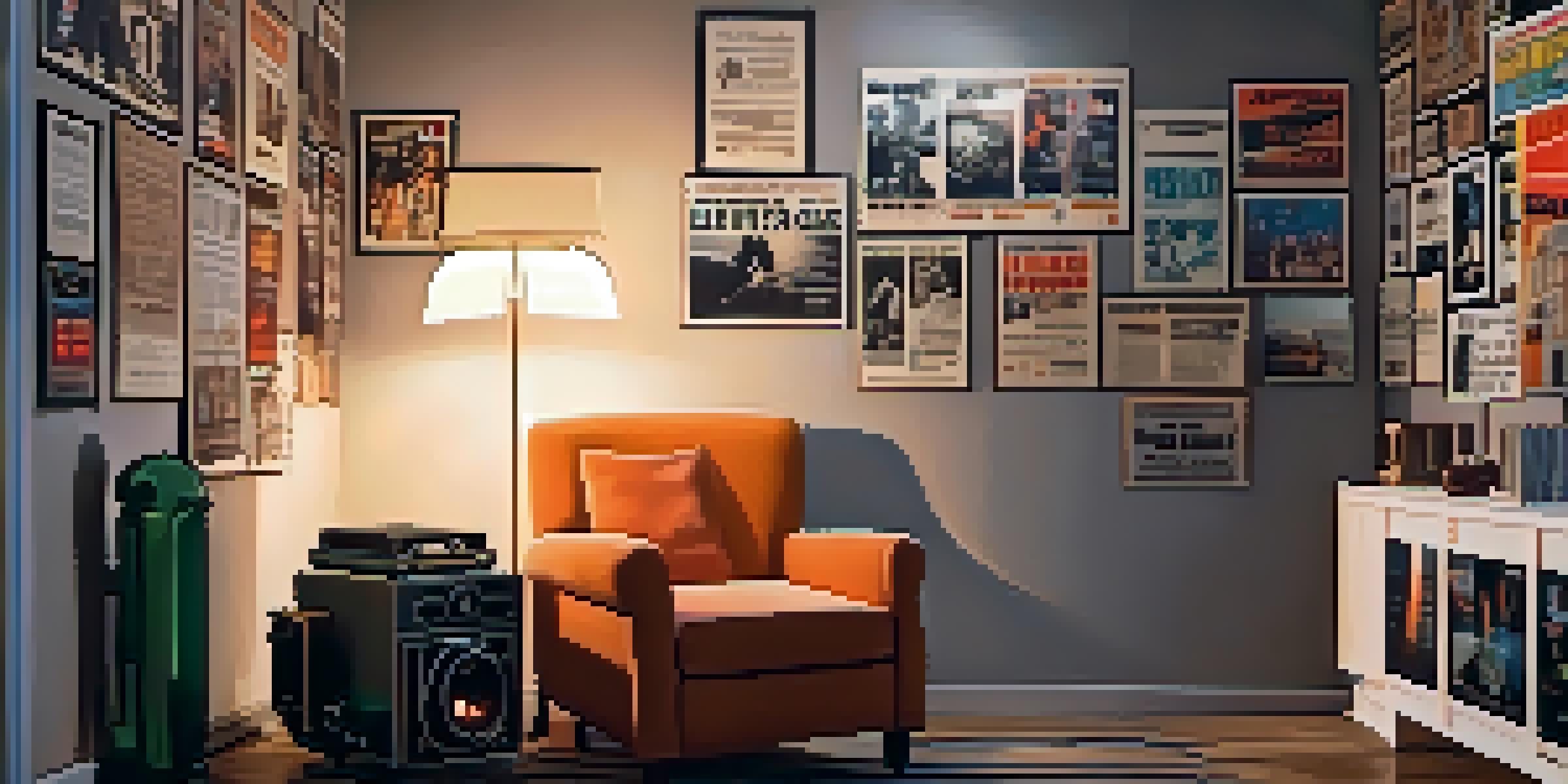 A cozy room with vintage film posters, a plush armchair, and an old film projector casting light, creating a nostalgic atmosphere.