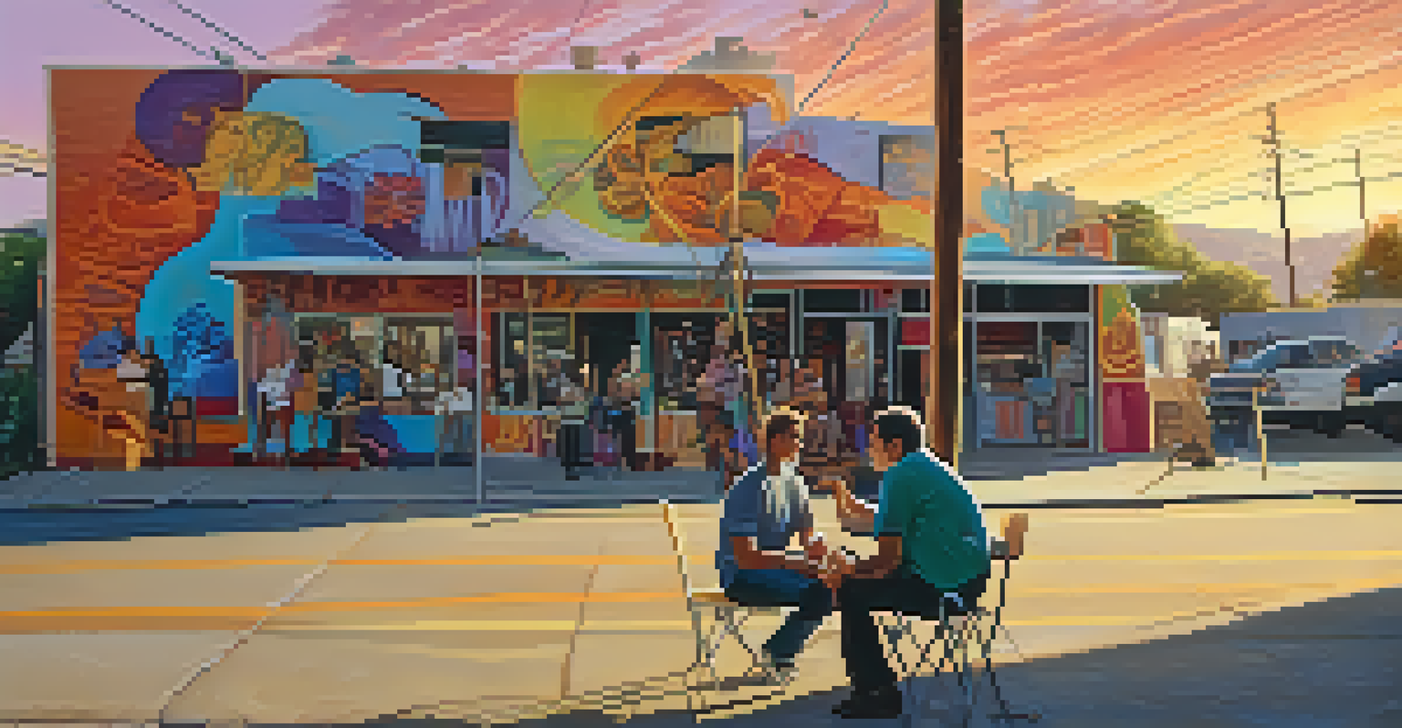 A filmmaker interviewing a subject outdoors with colorful murals and a sunset in the background.