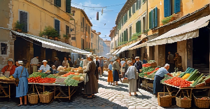 A vibrant street market in post-war Italy with vendors and shoppers amidst crumbling buildings.