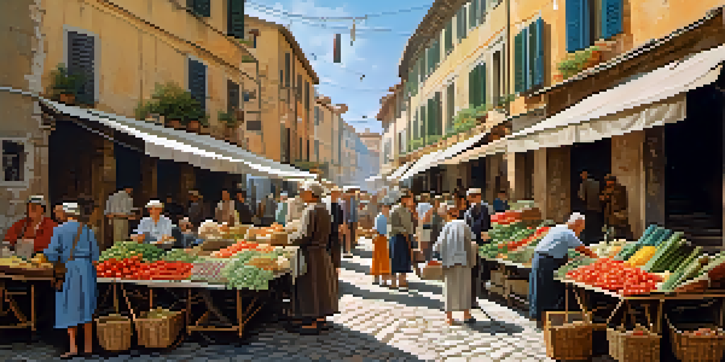 A vibrant street market in post-war Italy with vendors and shoppers amidst crumbling buildings.