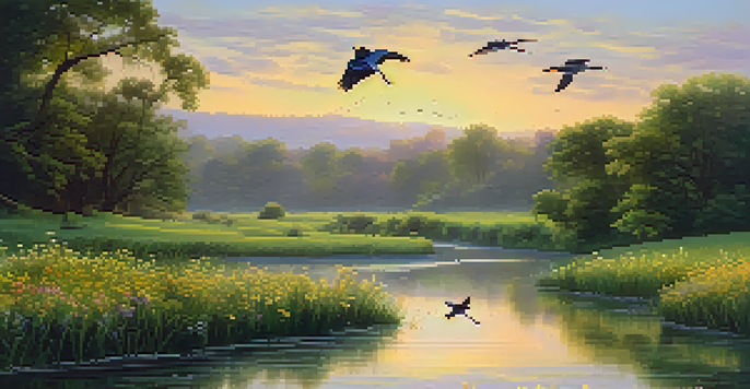 A peaceful sunrise landscape with a winding river, green trees, wildflowers, and birds in the sky.
