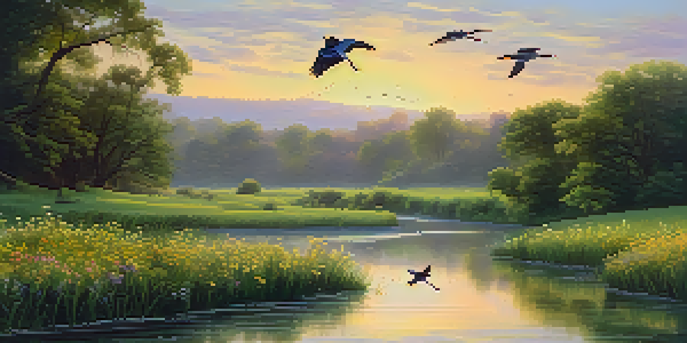 A peaceful sunrise landscape with a winding river, green trees, wildflowers, and birds in the sky.