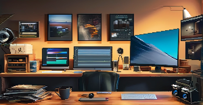 A film editing studio with vintage film reels and modern equipment, warm lighting, and a monitor showing editing software.