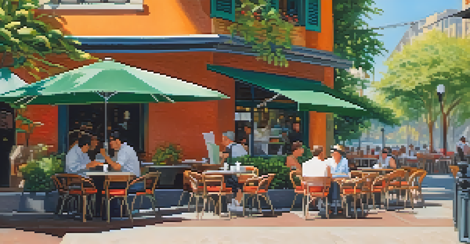 An outdoor café with wooden tables and colorful umbrellas, people enjoying coffee, and greenery in a sunny setting.