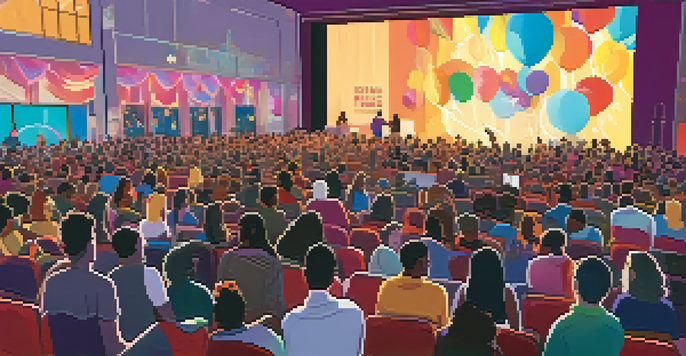 A diverse audience at a film festival watching LGBTQ+ films, with colorful decorations and a large screen.