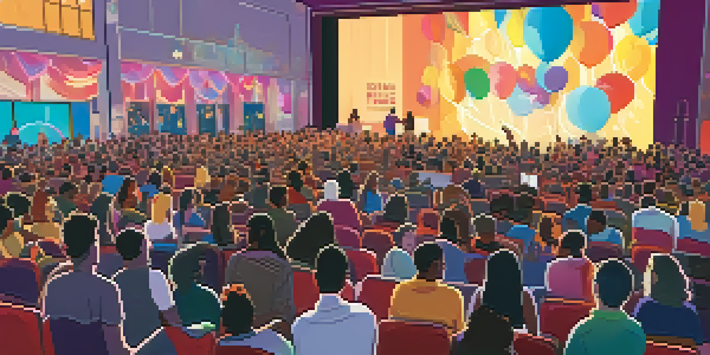 A diverse audience at a film festival watching LGBTQ+ films, with colorful decorations and a large screen.