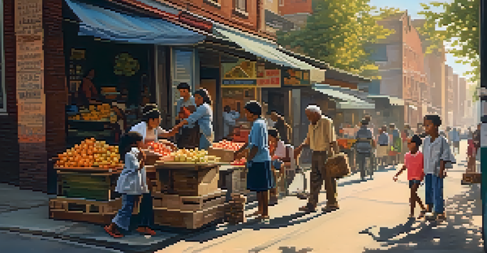 A lively urban street scene with diverse residents, children playing, and a street vendor in a working-class neighborhood during golden hour.