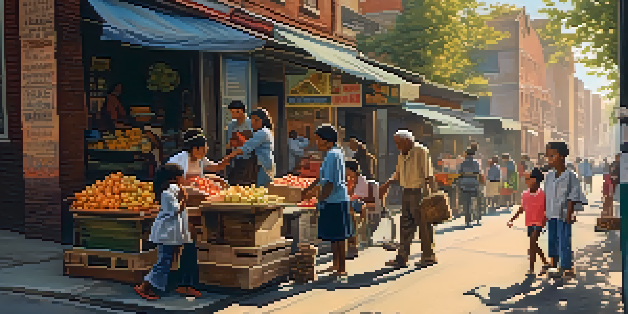 A lively urban street scene with diverse residents, children playing, and a street vendor in a working-class neighborhood during golden hour.