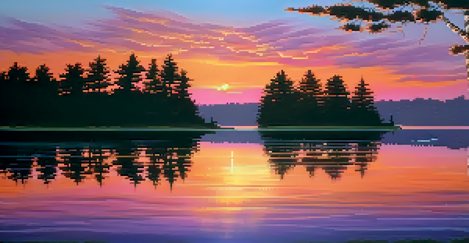 A tranquil sunset landscape with vibrant colors reflecting on a calm lake, framed by silhouettes of trees.
