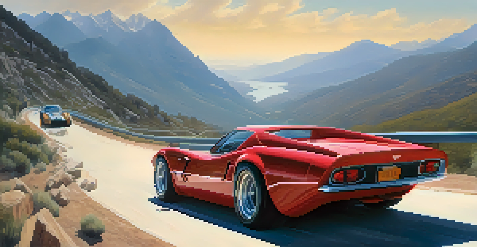 A red sports car races around a mountain road during a high-speed chase, with mountains in the background.