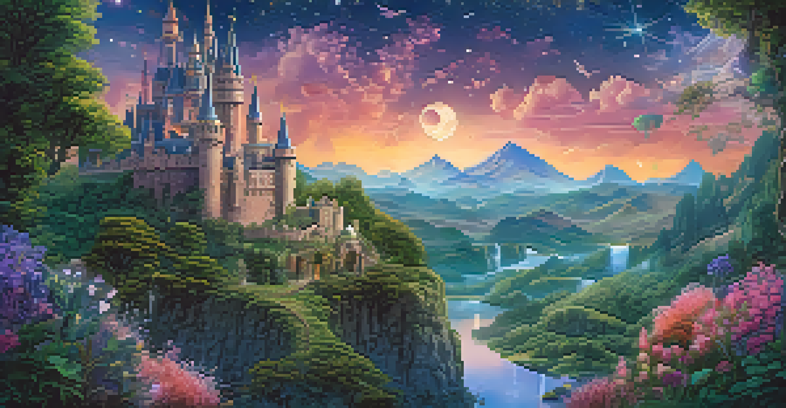 A film poster combining traditional and digital styles, featuring a fantasy landscape with mythical creatures, flowers, and a starry sky, creating an enchanting atmosphere.