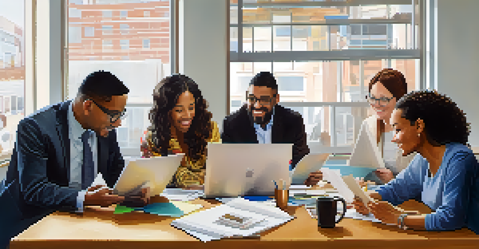 A diverse group of people discussing ideas around a table in a bright office, surrounded by laptops and documents.