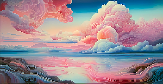 A surreal landscape with fluid shapes and vibrant colors, depicting abstract thoughts and memories against a gradient sky.