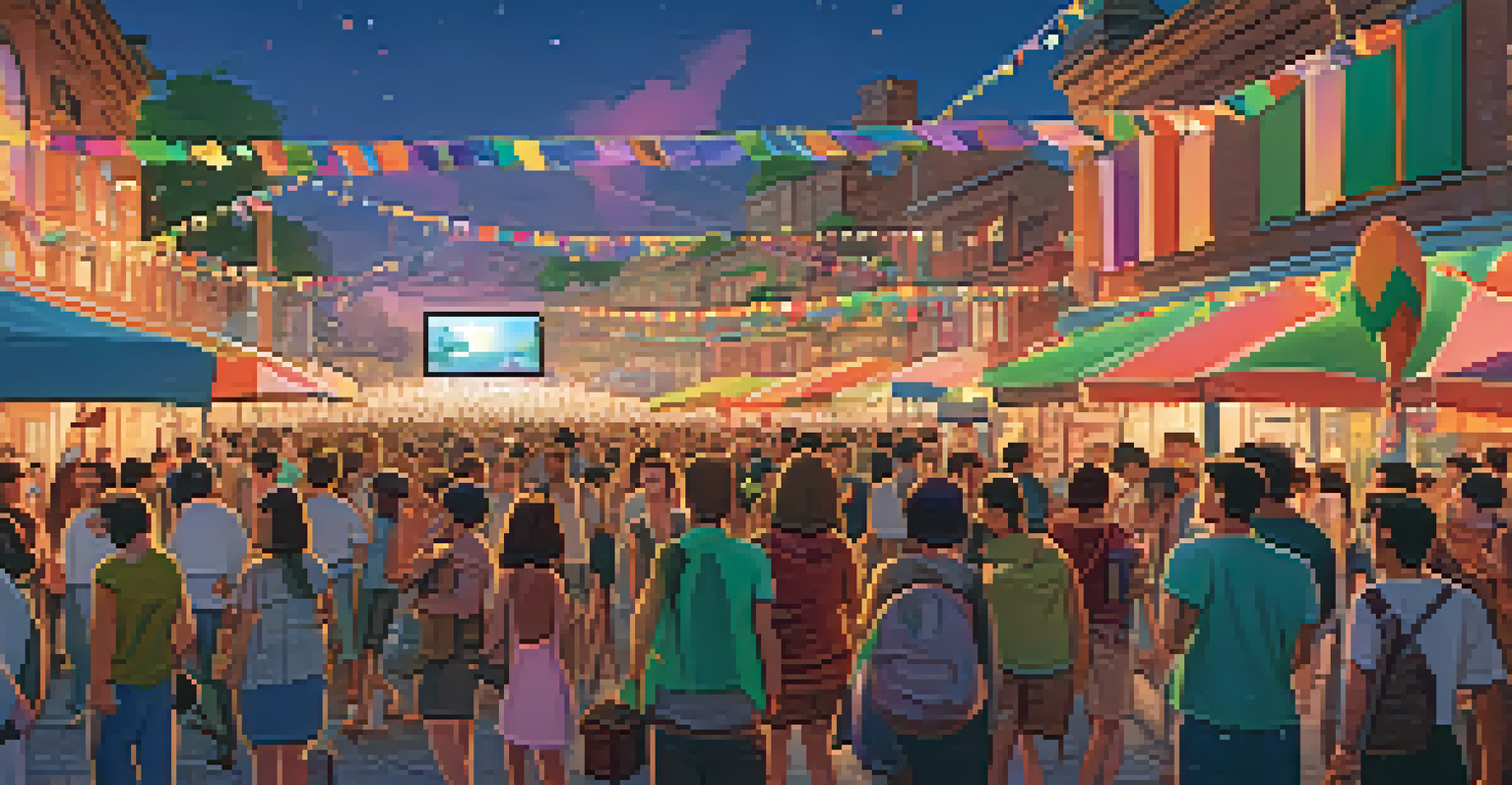 An animation festival with artists showcasing their work and attendees interacting with displays under a bright sky.