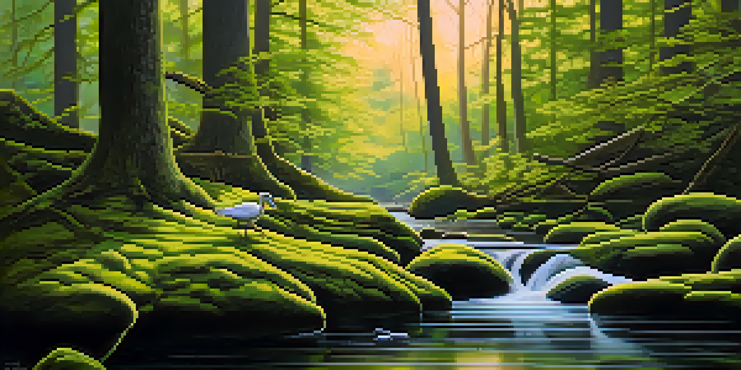 A peaceful forest at dawn with sunlight filtering through trees, a brook flowing over stones, and birds singing.
