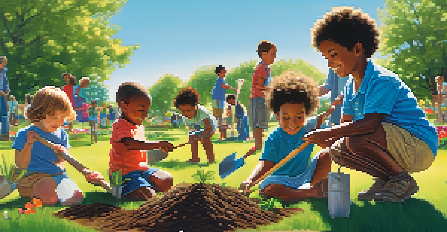 A child planting a tree in a park with friends, surrounded by flowers and a sunny, blue sky.