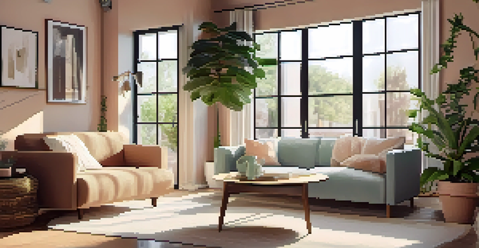 A modern living room with sunlight, plants, and a comfortable sofa.