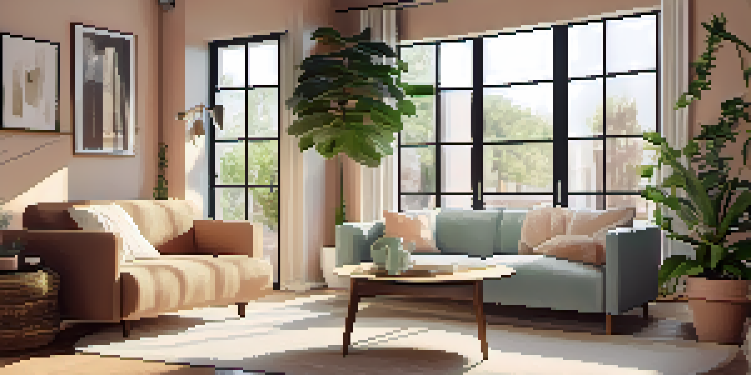 A modern living room with sunlight, plants, and a comfortable sofa.