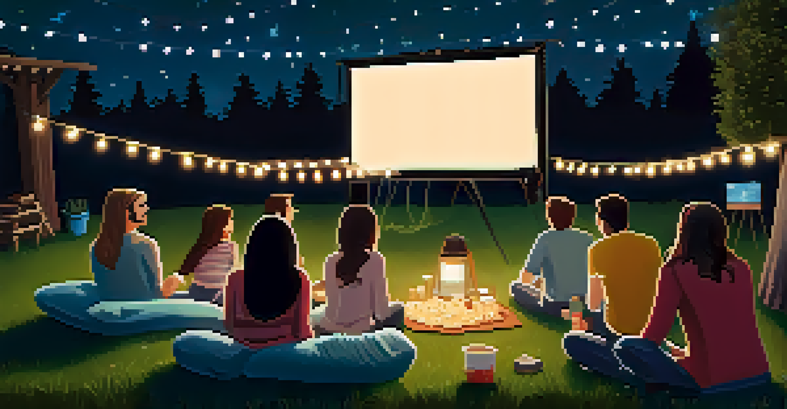 A backyard movie night setup with a projector screen showing a cult film, string lights above, and friends enjoying popcorn on blankets under a starry sky.