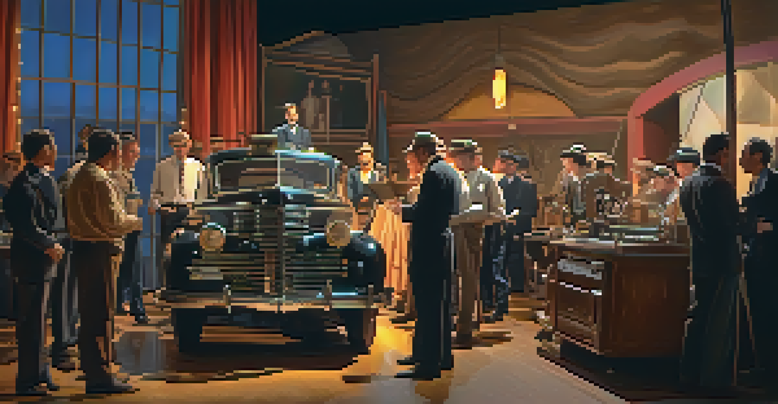 An artistically lit film set from the Golden Age of Hollywood, showcasing an actor delivering a monologue with vintage equipment in the background.