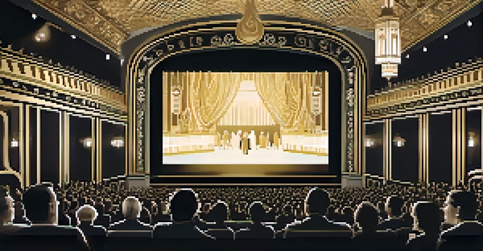 A vintage cinema hall with an enthusiastic audience watching a silent film, adorned with art deco decorations and warm lighting.