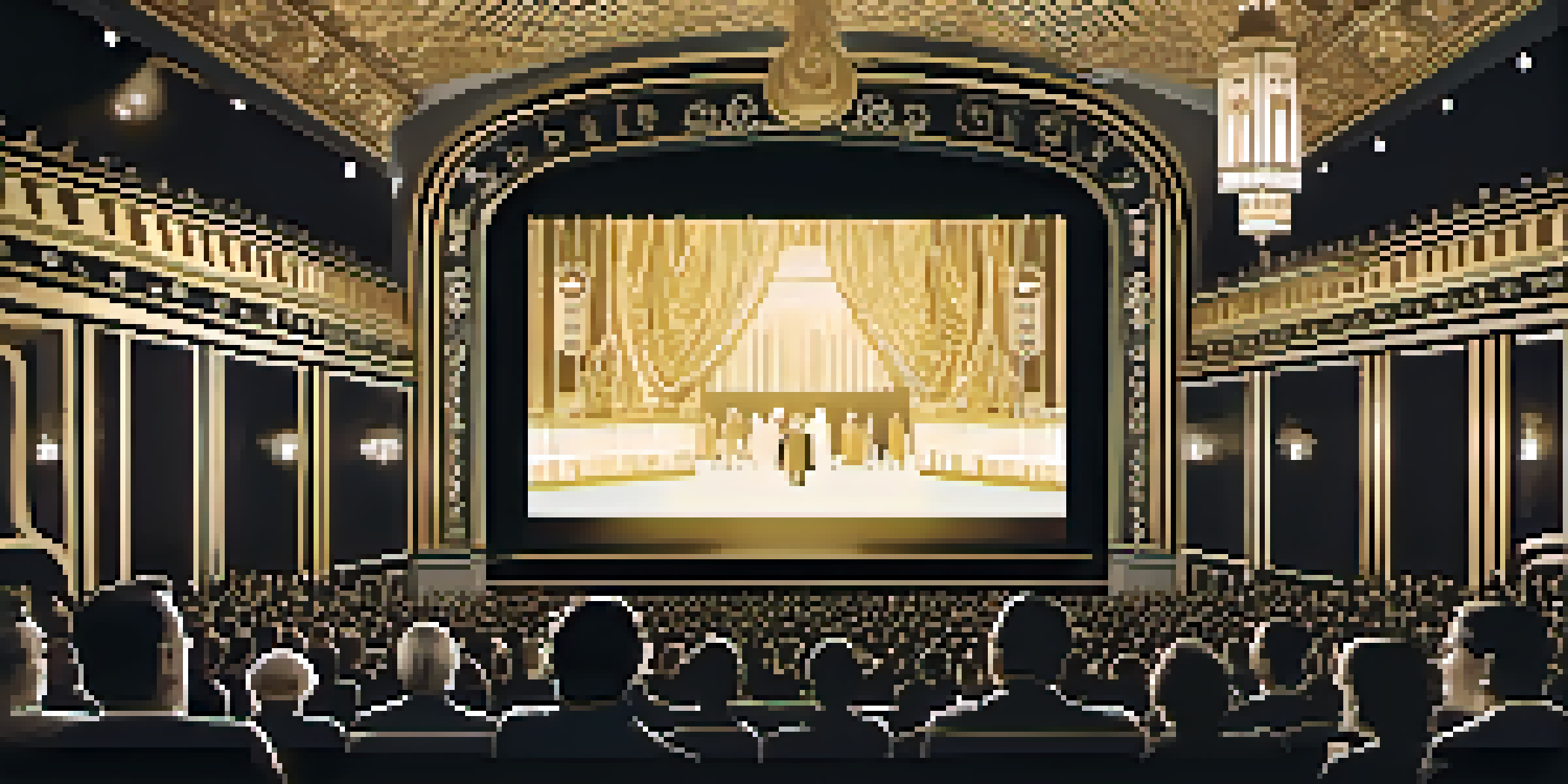 A vintage cinema hall with an enthusiastic audience watching a silent film, adorned with art deco decorations and warm lighting.
