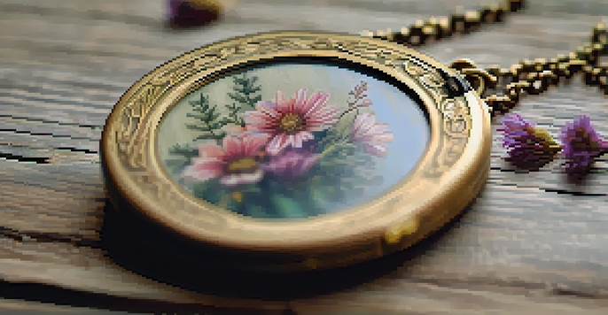 Close-up of a vintage locket on a wooden table, illuminated by warm light, with dried flowers and a letter beside it.
