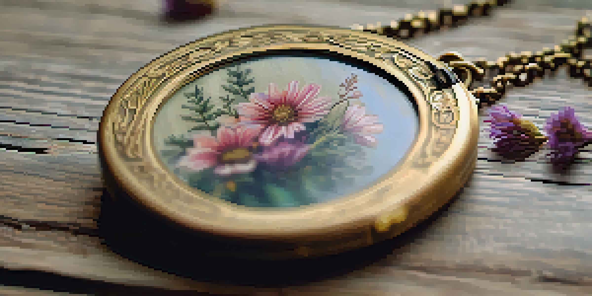 Close-up of a vintage locket on a wooden table, illuminated by warm light, with dried flowers and a letter beside it.