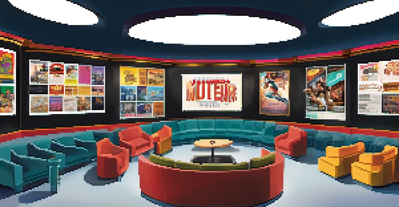A lively modern multiplex theater with multiple screens and a colorful snack bar, filled with diverse moviegoers.