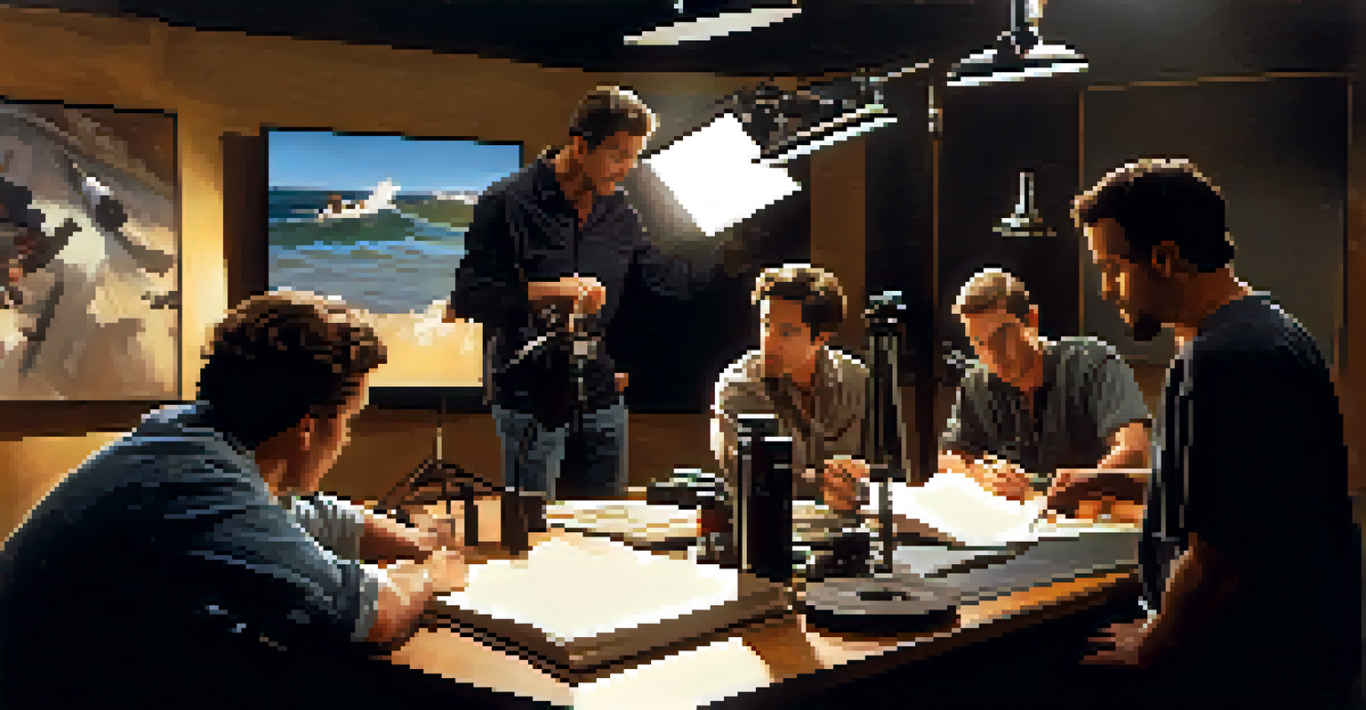 A film set with a screenwriter and director collaborating during a scene setup.