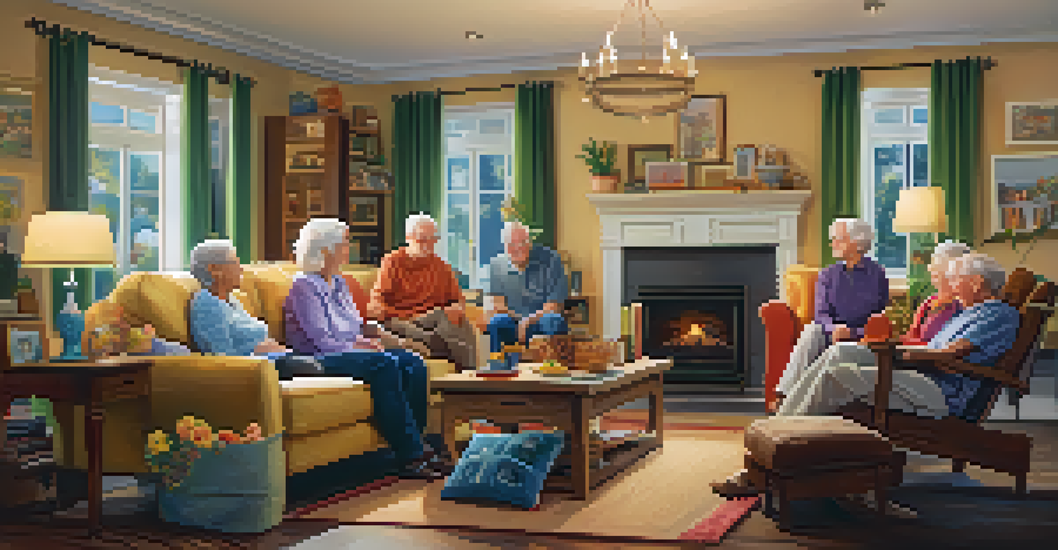An elderly couple sharing stories with their grandchildren in a cozy living room.