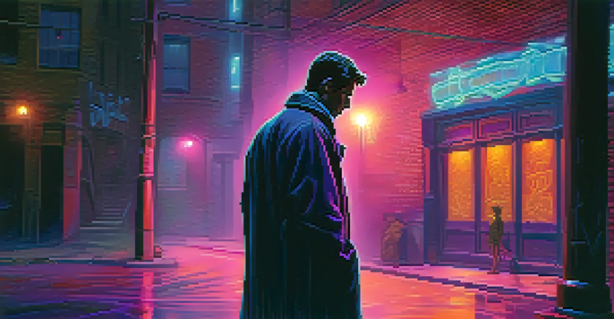 A dark alley with a mysterious figure in a trench coat, illuminated by neon lights and surrounded by graffiti.