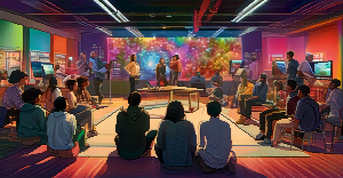 A diverse group of filmmakers working together on a digital film set, surrounded by colorful lights and high-tech equipment.